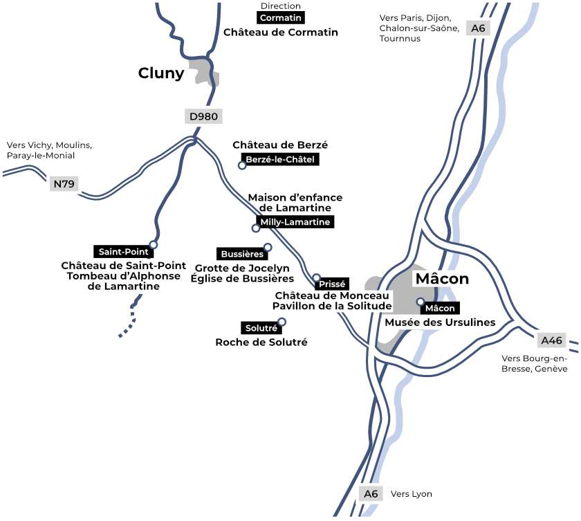 Carte de la Route Lamartine en Sud Bourgogne