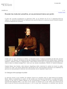 Article de la revue littéraire Actualitté sur le parcours poétique mis en place dans le parc du Château de Lamartine, en Sud Bourgogne
